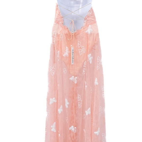 For Love & Lemons Beckett Lace Sheer Butterfly Sequin Bodysuit Maxi Dress Pink - Picture 11 of 16